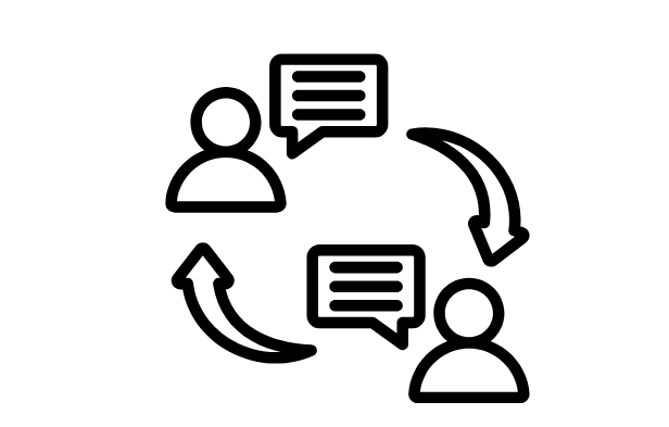 Icons von zwei Personen, die sich mit Sprechblasen unterhalten, schwarz-weiß