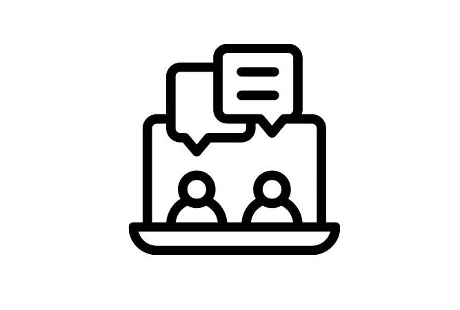 Icon eines Laptops mit zwei Figuren und Sprechblasen